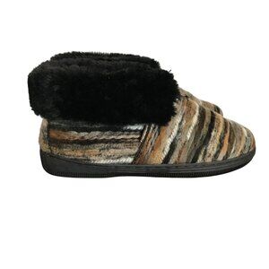 LAMO JUAREZ Sheepskin & Textile Fold Over Bootie Slippers Womens 7 Black/Brown